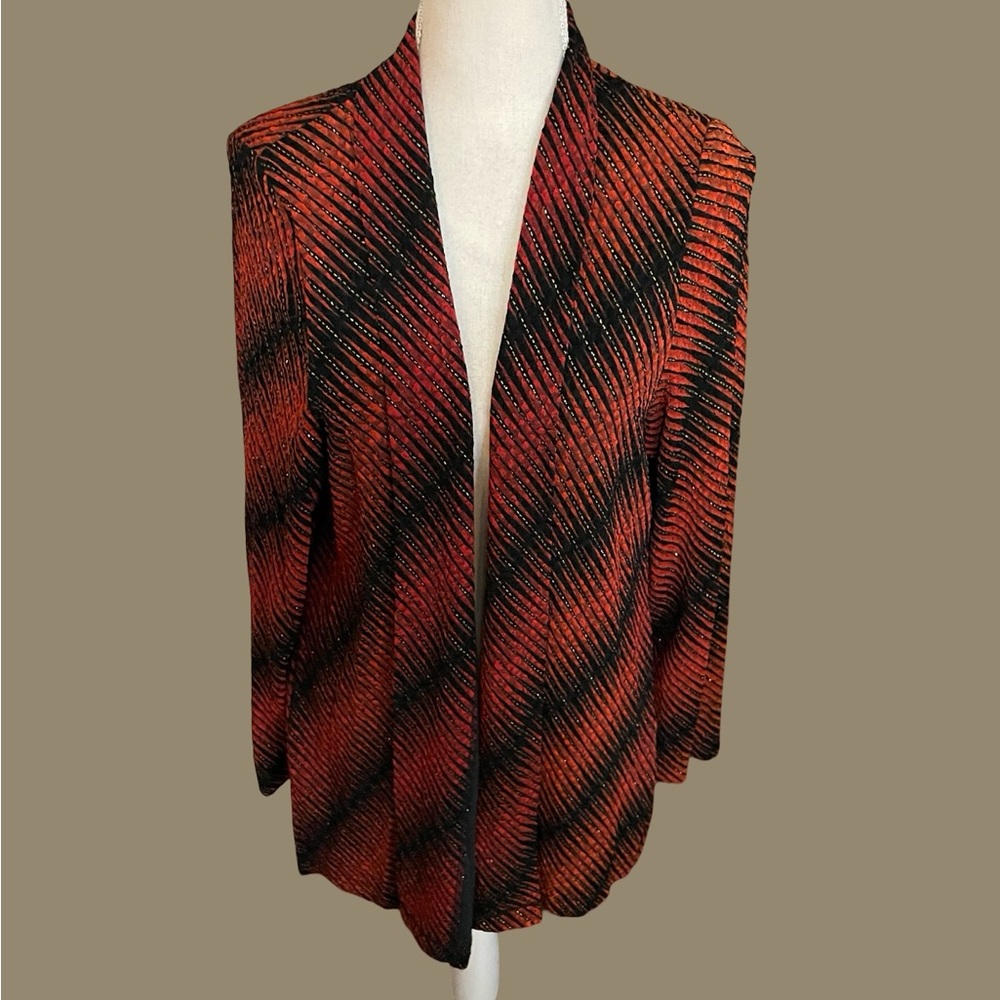 TanJay red orange black Jacket LARGE open front metallic gold stripes spandex - Picture 3 of 16